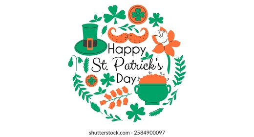 Happy St. Patrick's Day set of holiday symbolic elements. Leprechaun hat, mustache, clover vector hand drawn elements.