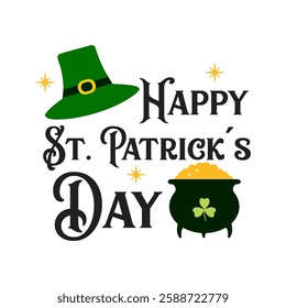 Happy St. Patrick's day set in cartoon style. Green hat and pot of gold coins on white background. Vector flat illustration.