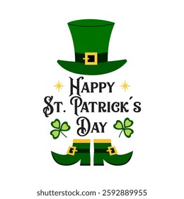 Happy St. Patrick's day set in cartoon style. Green hat, shamrock and leprechaun shoes on white background. Vector flat illustration.