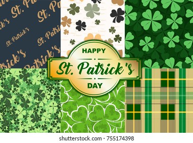 Happy St. Patrick's Day! Set of holiday backgrounds. Collection of seamless patterns in green and gold colors. Vector illustration.