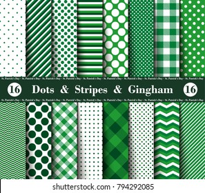 Happy  St. Patrick's Day! Set of Sixteen Seamless Polka Dots, Gingham, With Large and Small Lines and Diagonal Stripes with Green and White Colors. Flannel Shirt Patterns. Vector Illustration 