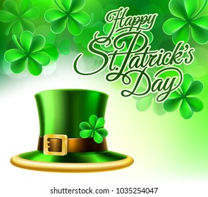A Happy St Patricks Day shamrock clover leaf background sign with a green leprechaun hat