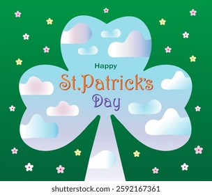 Happy St. Patrick's Day. Shamrock leaf. A window or keyhole in the form of a clover. Inscription on the background Sky and clouds in a window opening. Postcard, banner, flyer.