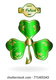 Happy St. Patrick's Day. Shamrock clover. Green icon with gold elements.