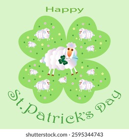 Happy St. Patrick's Day. Sheep grazing in a meadow in the form of a lucky clover leaf. Illustration, greeting card, flyer, poster. 