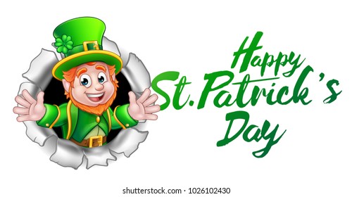 Happy St Patricks Day sign with cute Leprechaun cartoon character breaking through the background