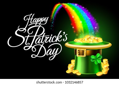 A Happy St Patricks Day sign background with leprechaun green shamrock hat full of gold coins at the end of a rainbow