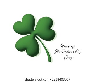 Happy St. Patrick's Day. Simple Vector illustration with Big Green Clover Leaf and Black Handwritten Wishes on a White Background. St. Patrick Holidays Print ideal for Card, Banner, Greetings.