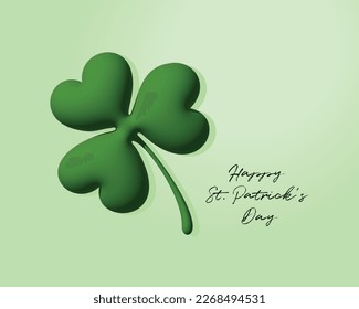 Happy St. Patrick's Day. Simple Vector illustration with Big Green Clover Leaf and Black Handwritten Wishes on a Light Green Background. St. Patrick Holidays Print ideal for Card, Banner, Greetings.