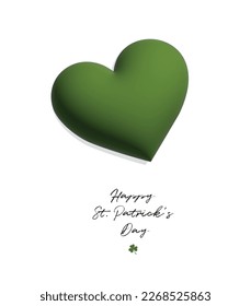 Happy St. Patrick's Day. Simple Vector illustration with Big Green Heart, Clover Leaf and Black Handwritten Wishes on a White Background. St. Patrick Holidays Print ideal for Card, Banner, Greetings.