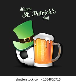 Happy St. Patricks day. Soccer ball with St. Patrick hat and mug of beer. Pattern for banner, poster, greeting card, party invitation. Vector illustration