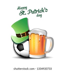 Happy St. Patricks day. Soccer ball with St. Patrick hat and mug of beer. Pattern for banner, poster, greeting card, party invitation. Vector illustration