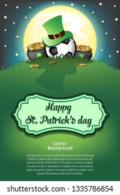 Happy St. Patricks day. Soccer ball with St. Patrick hat and pot with gold on the background of the moon. Pattern for banner, poster, greeting card, invitation. Vector illustration