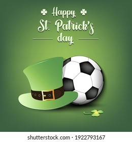 Happy St. Patricks day. Soccer ball and leprechaun hat on an isolated background. Pattern for greeting card, logo, banner, poster, party invitation. Vector illustration