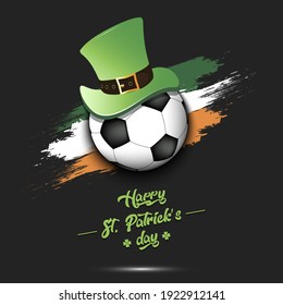 Happy St. Patricks day. Soccer ball in leprechaun hat the background of the Irish flag. Pattern for greeting card, logo, banner, poster, party invitation. Vector illustration