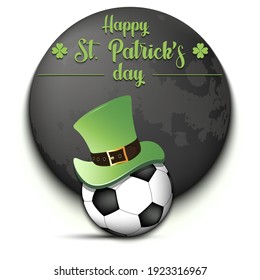 Happy St. Patricks day. Soccer ball in leprechaun hat isolated on background. Pattern for greeting card, logo, banner, poster, party invitation. Vector illustration