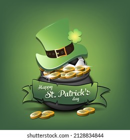 Happy St. Patrick's day. Soccer ball in leprechaun hat in pot with gold coins. Pattern design for logo, banner, poster, greeting card, party invitation. Vector illustration on isolated background