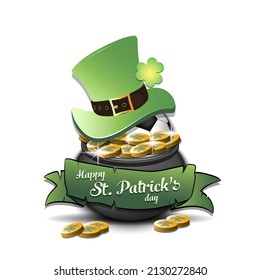 Happy St. Patrick's day. Soccer ball in leprechaun hat in pot with gold coins. Pattern design for logo, banner, poster, greeting card, party invitation. Vector illustration on isolated background