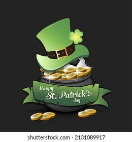 Happy St. Patrick's day. Soccer ball in leprechaun hat in pot with gold coins. Pattern design for logo, banner, poster, greeting card, party invitation. Vector illustration on isolated background