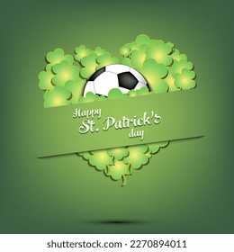 Happy St. Patrick's day. Soccer ball on background heart made of clovers and shamrock. Pattern design for logo, banner, poster, greeting card. Vector illustration on isolated background