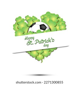 Happy St. Patrick's day. Soccer ball on background heart made of clovers and shamrock. Pattern design for logo, banner, poster, greeting card. Vector illustration on isolated background