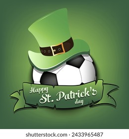 Happy St. Patricks day. Soccer ball in leprechaun hat the background of the Irish flag. Pattern for greeting card, logo, banner, poster, party invitation. Vector illustration on isolated background