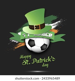 Happy St. Patricks day. Soccer ball in leprechaun hat the background of the Irish flag. Pattern for greeting card, logo, banner, poster, party invitation. Vector illustration on isolated background