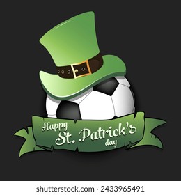 Happy St. Patricks day. Soccer ball in leprechaun hat the background of the Irish flag. Pattern for greeting card, logo, banner, poster, party invitation. Vector illustration on isolated background