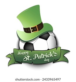 Happy St. Patricks day. Soccer ball in leprechaun hat the background of the Irish flag. Pattern for greeting card, logo, banner, poster, party invitation. Vector illustration on isolated background