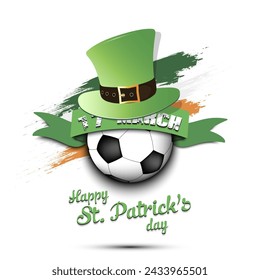 Happy St. Patricks day. Soccer ball in leprechaun hat the background of the Irish flag. Pattern for greeting card, logo, banner, poster, party invitation. Vector illustration on isolated background