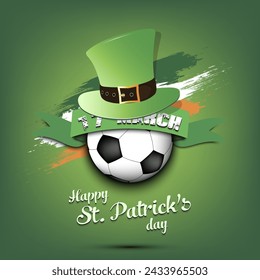 Happy St. Patricks day. Soccer ball in leprechaun hat the background of the Irish flag. Pattern for greeting card, logo, banner, poster, party invitation. Vector illustration on isolated background