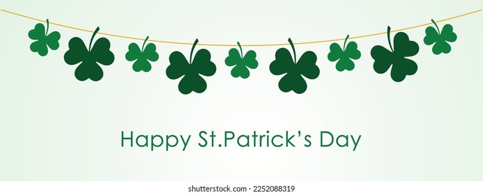 happy st patricks day social greetings card with clover leaf garland, march 17, panoramic vector illustration