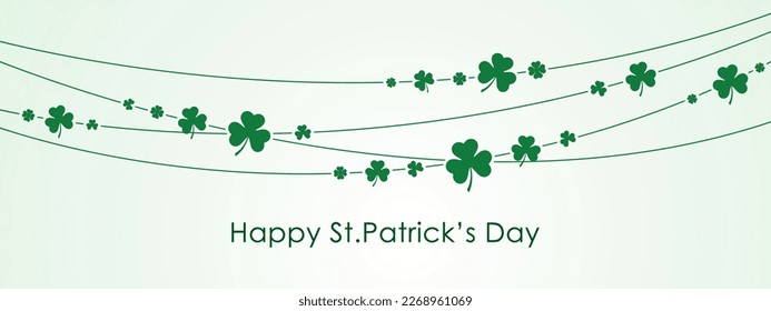 happy st patricks day social greetings card with clover leaf garland, march 17, panoramic vector illustration