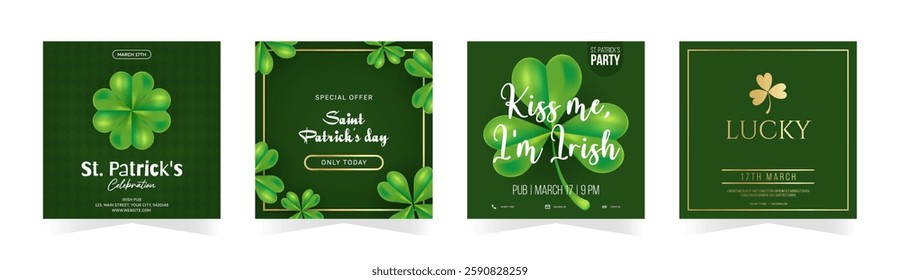 Happy St. Patricks Day special offer, party invitation cards. Green shamrock, quatrefoil on dark green background. Vector illustration set
