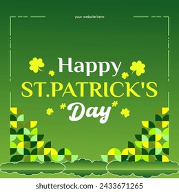 Happy St Patrick's Day square banner in modern geometric style. Great for greeting covers, social posters and St Patrick's Day celebration party invitations with text. Vector illustration