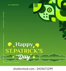 Happy St Patrick's Day square banner in modern geometric style. Great for greeting covers, social posters and St Patrick's Day celebration party invitations with text. Vector illustration