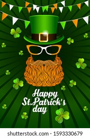 Happy St. Patrick's Day template for greeting card, flyers or posters. Green heat, red beard and eye glasses design objects.
