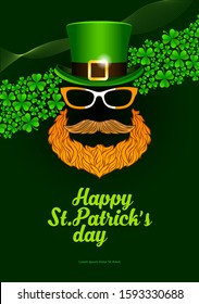 Happy St. Patrick's Day template for greeting card, flyers or posters. Green heat, red beard and eye glasses design objects.