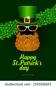 Happy St. Patrick's Day template for greeting card, flyers or posters. Green heat, red beard and eye glasses design objects.