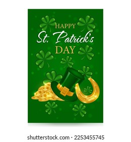 Happy St. Patrick's Day template. Festive design for greeting card, flyer, poster, banner. Gold shamrock, horseshoe, Leprechaun hat, cauldron with gold coins. Vector illustration.