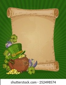 Happy St. Patrick's day template. Wooden texture background with clover. Paper