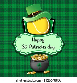 Happy St. Patricks day. Tennis logo template design. Tennis ball with St. Patrick hat and pot with gold. Pattern for banner, poster, greeting card, party invitation. Vector illustration