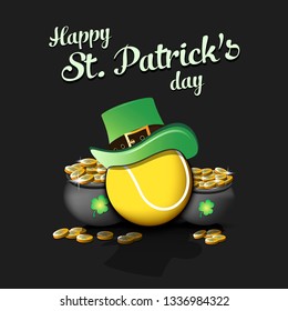 Happy St. Patricks day. Tennis ball with St. Patrick hat and pot with gold on an isolated background. Pattern for banner, poster, greeting card, invitation. Vector illustration