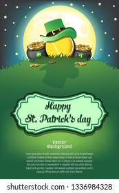 Happy St. Patricks day. Tennis ball with St. Patrick hat and pot with gold on the background of the moon. Pattern for banner, poster, greeting card, invitation. Vector illustration