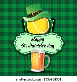 Happy St. Patricks day. Tennis logo template design. Tennis ball with St. Patrick hat and mug of beer. Pattern for banner, poster, greeting card, party invitation. Vector illustration