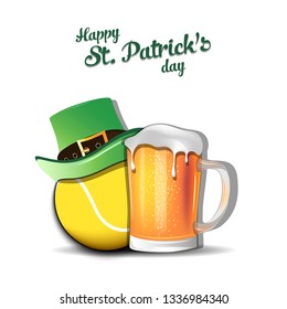 Happy St. Patricks day. Tennis ball with St. Patrick hat and mug of beer. Pattern for banner, poster, greeting card, party invitation. Vector illustration