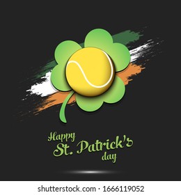 Happy St. Patrick's day. Tennis ball and clover against the background of the Irish flag. Pattern for banner, poster, greeting card, party invitation. Vector illustration