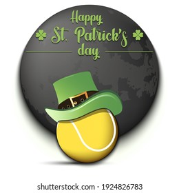Happy St. Patricks day. Tennis ball in leprechaun hat on an isolated background. Pattern for greeting card, logo, banner, poster, party invitation. Vector illustration
