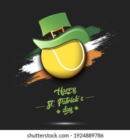 Happy St. Patricks day. Tennis ball in leprechaun hat the background of the Irish flag. Pattern for greeting card, logo, banner, poster, party invitation. Vector illustration