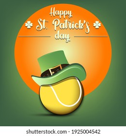 Happy St. Patricks day. Tennis ball in leprechaun hat on an isolated background. Pattern for greeting card, logo, banner, poster, party invitation. Vector illustration